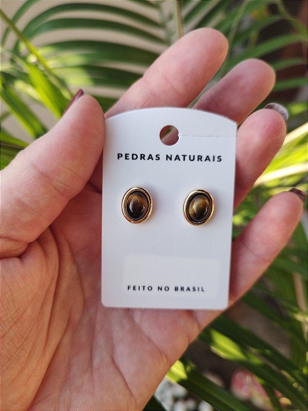 Brinco Oval Liso Banhado a Ouro 18 Olho de Tigre - Força, coragem e determinação