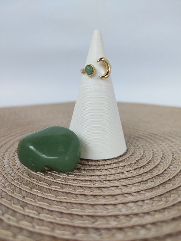 Anel Banhado a Ouro 18 Lua Ajuste 12-16 Quartzo Verde - Saúde e equilíbrio Físico e Mental