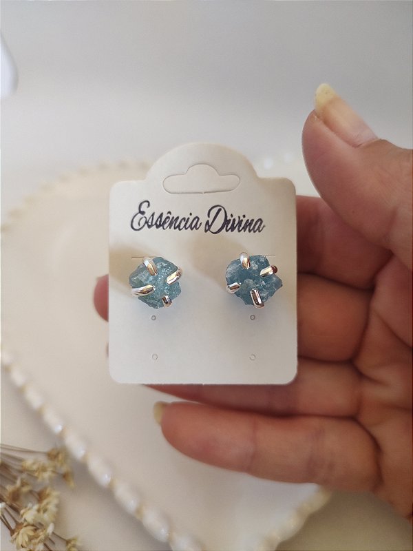 Brinco Prateado Bruto Água Marinha - Calmante, antiestresse, antiansiedade