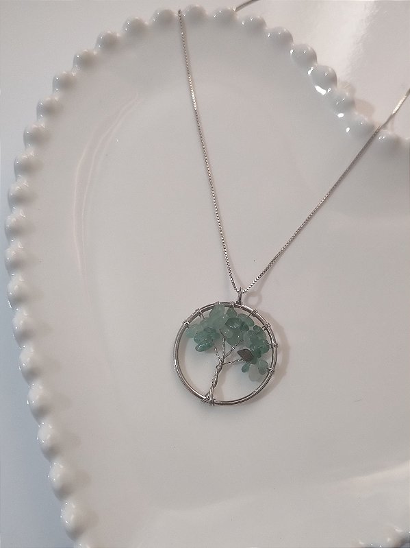 Pingente Prateado Árvore da Vida Quartzo Verde - Saúde e equilíbrio