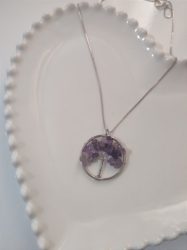 Pingente Prateado Árvore da Vida Ametista -Transmutação e intuição