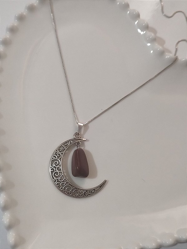 Pingente Lua Prateado Jaspe Vermelho - Força e Vitalidade