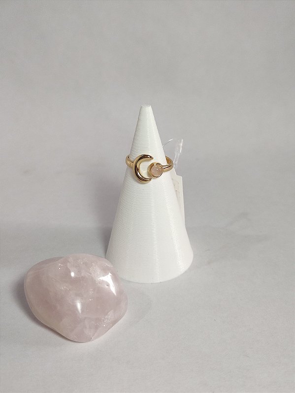 Anel Banhado a Ouro 18 Lua Ajuste 12-16 Quartzo Rosa - Amor, acolhimento