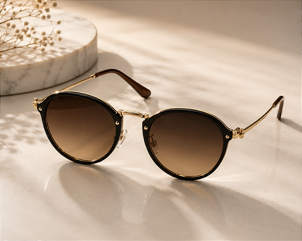 Óculos Arredondado Retrô Metal Dourado com Lentes Degradê Marrom