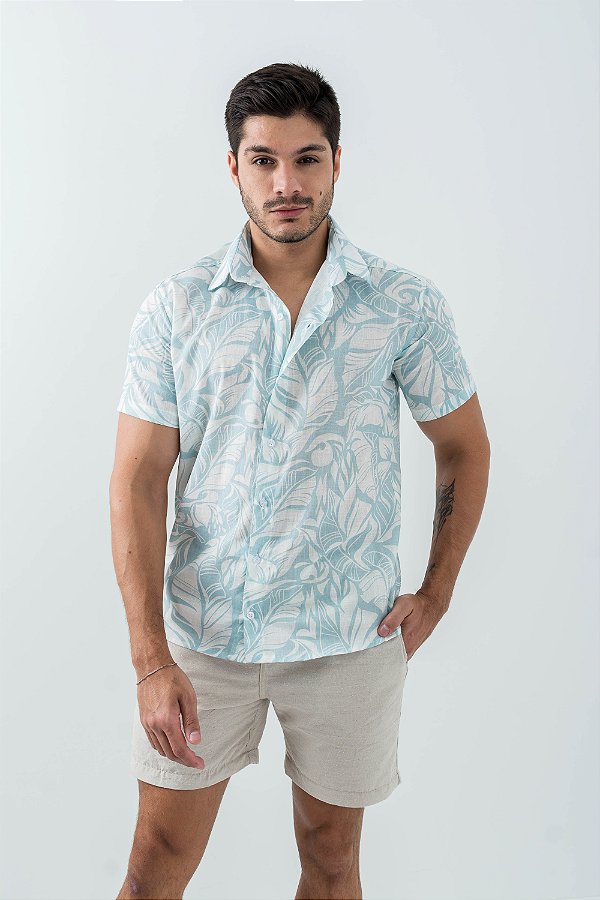 Camisa Social Masculino Manga Curta Linho Estampado