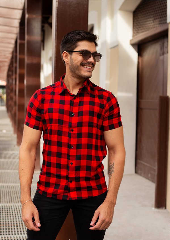 Camisa Social Masculina Manga Curta Xadrez