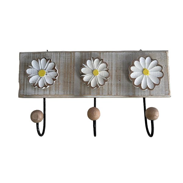 Cabideiro De Flores Com 3 Ganchos Em Madeira