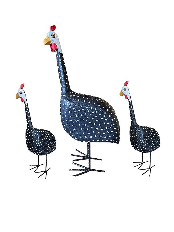 Família Galinhas d’Angola de Madeira Pintada à Mão – 1 Grande + 2 Pequenas