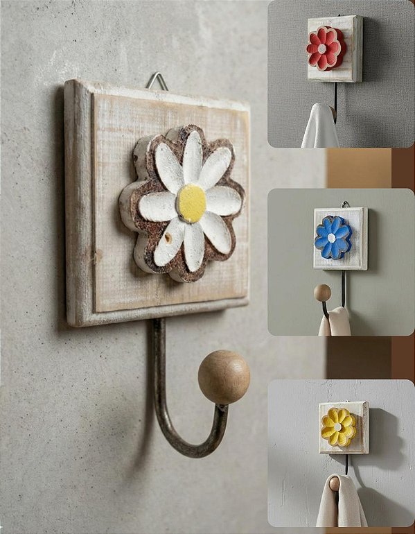Cabideiro Gancho Pendurador de Flor Em Madeira - Porta Toalha De Parede Com Flor