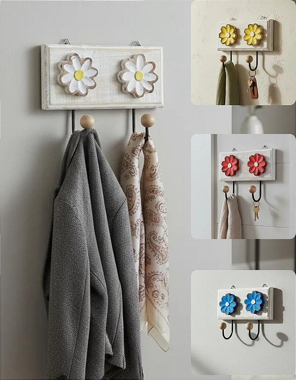 Cabideiro Gancho Pendurador de Flor Em Madeira - Porta Toalha De Parede Com Flor