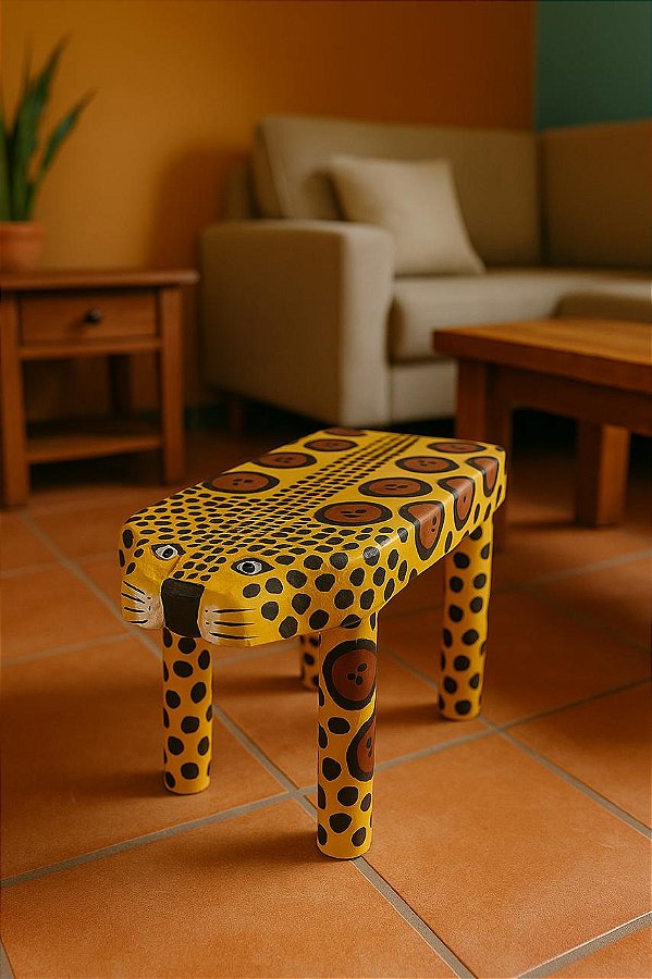 Banco Banquinho De Onça Artesanal Decorativo Em Madeira Safari Contemporâneo