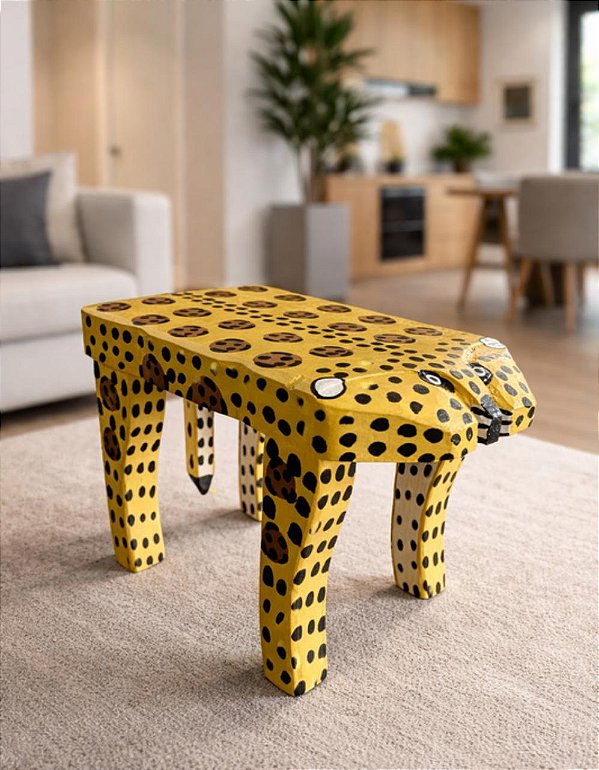 Banco Banquinho De Onça Artesanal Decorativo Em Madeira Safari Contemporâneo