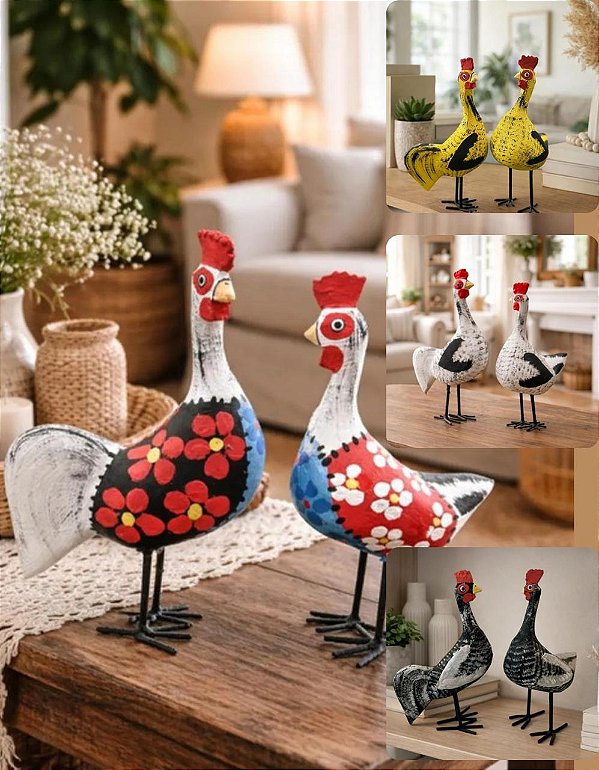 Casal De Galo E Galinha Caipira Artesanal Pintado À Mão - Em Madeira