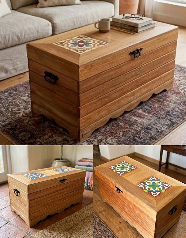 Baú Banco 2 Ladrilho Casa Resistente Reforçado Artesanal Madeira