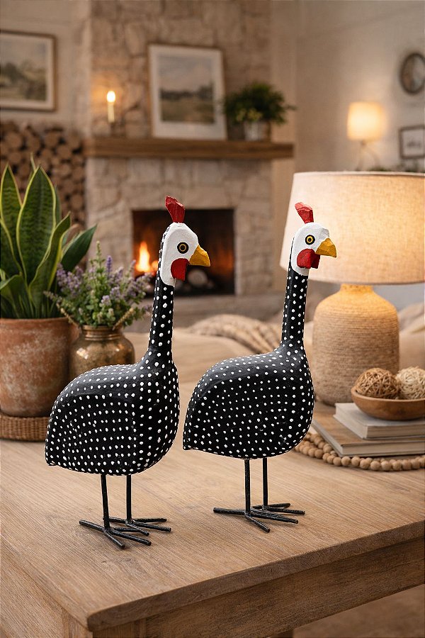 2 Galinhas Dangola Em Madeira Maciça - Decoração Rústica Preto