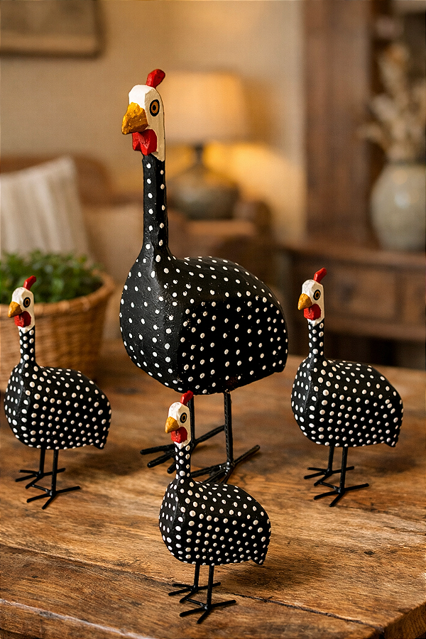 Kit Galinha Dangola Artesanal 1 Grande + 3 Pequenas Madeira