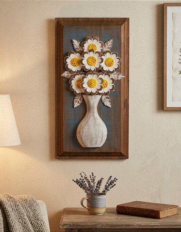 Quadro Decorativo de Flor em Madeira Artesanal Arte Mineira Rústica de Parede