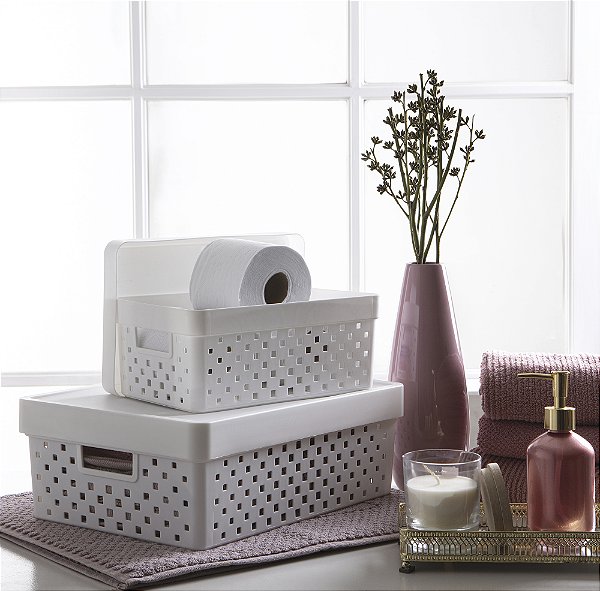 Cesto Organizador c/ Tampa 29 X 19 X 12 CM QUADRATTA Creme