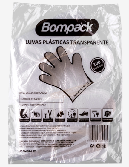 Luvas Plásticas Descartáveis Bompack 100UN