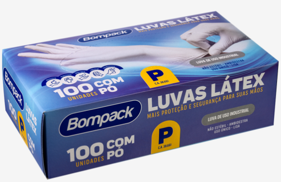 Luvas Látex Bompack Industrial PP/P/M/G c/ Pó 100UN