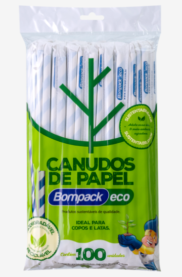 Canudo de Papel Bompack Branco/Azul 6mm 19,7cm Sh. 100UN
