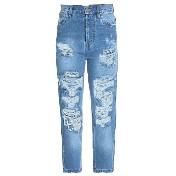calça jeans escura destroyed
