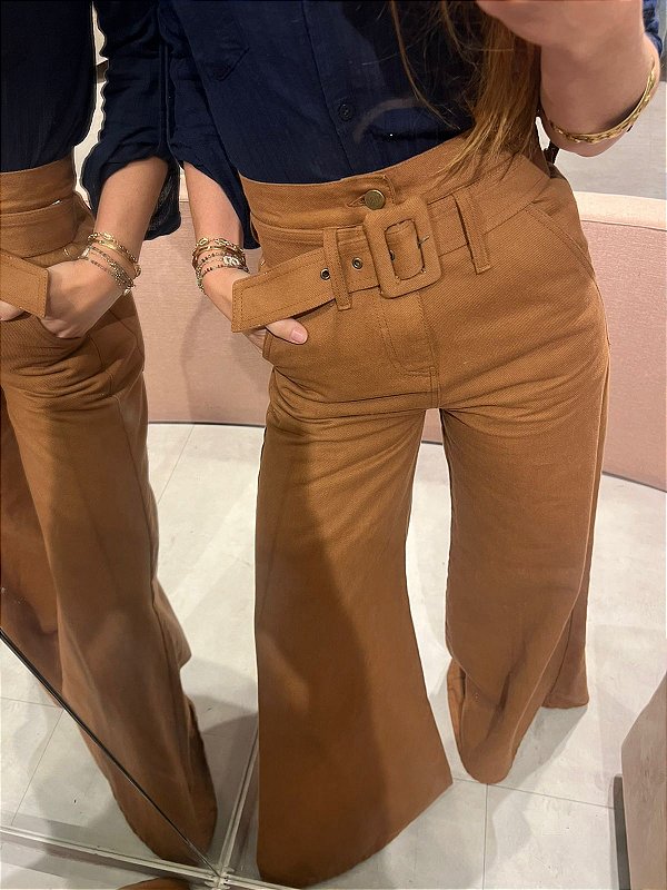 Calça Pantalona Cinto Marrom