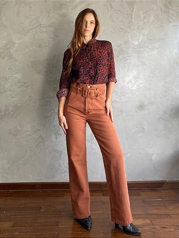 Calça Pregas Cinto terra cota