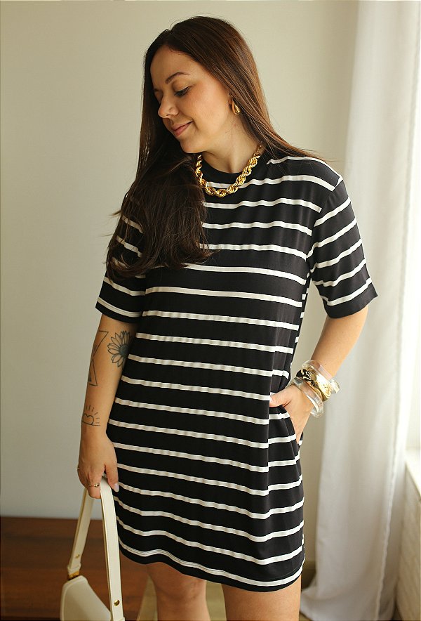Vestido curto listrado de malha Lena Moda