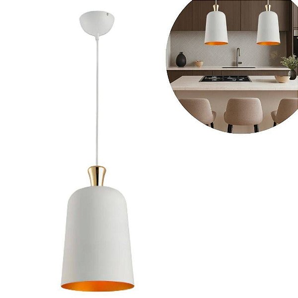 Pendente Bell 230MM Branco Fosco Externo e Ouro Interno