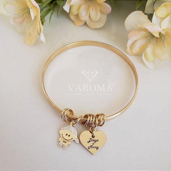 Bracelete com coração personalizável e  menina ou menino banhado  em ouro 18k