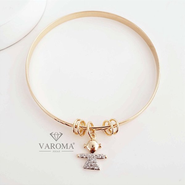 Bracelete com pingente de menino ou menina cravejado com zircônias banhado em ouro 18k