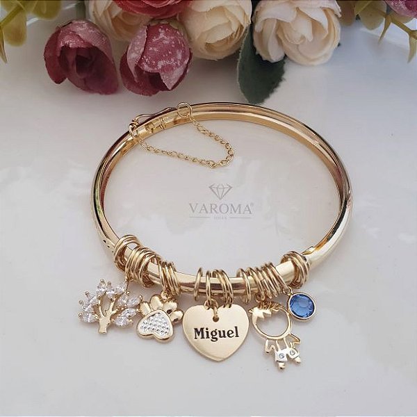 Bracelete de fecho com coração personalizável, filho, ponto de luz, patinha e árvore da vida banhado em ouro 18k