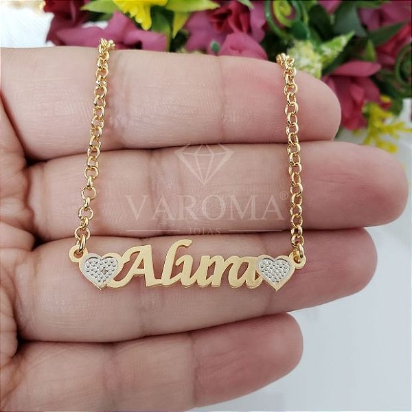 Colar com nome personalizável, dois corações e corrente elo português banhado em ouro 18k