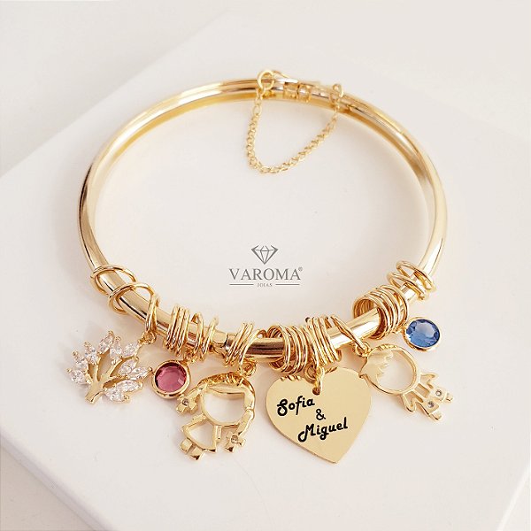 Bracelete de fecho com coração personalizável com dois nomes, dois filho, dois pontos de luz  e árvore da vida banhado em ouro 18k