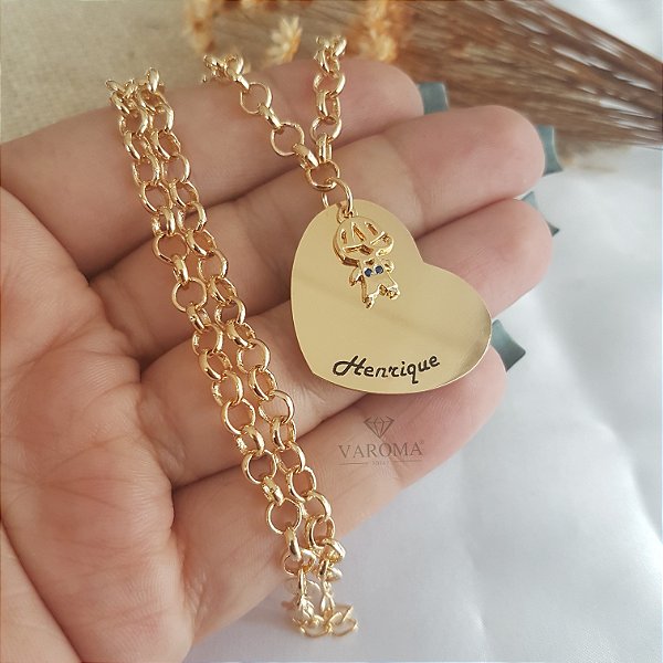 Colar com coração personalizável e corrente de  elo português banhado em ouro 18k