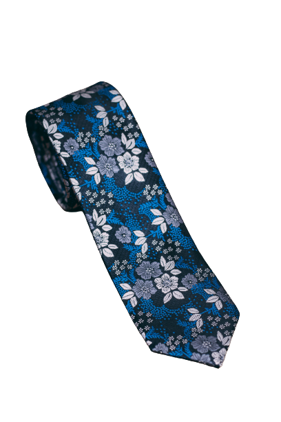 Gravata Tradicional Masculina Adulta - Floral Azul e Branco