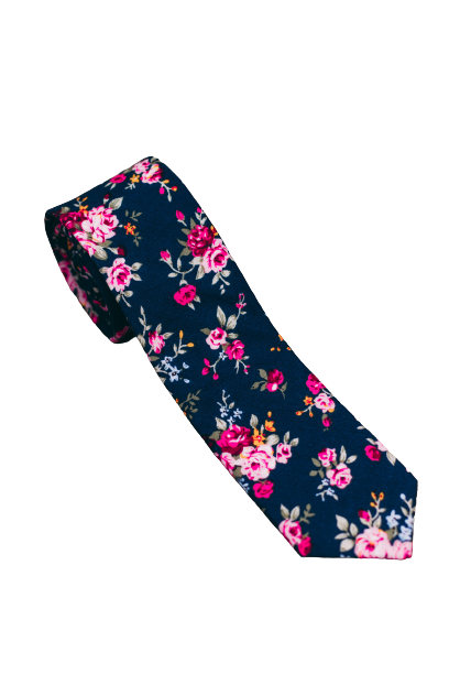 Gravata Tradicional Masculina - Azul Com flores Rosas