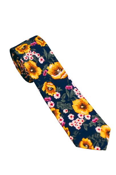 Gravata Tradicional Masculina Adulta - Azul Com Flores Amarelas