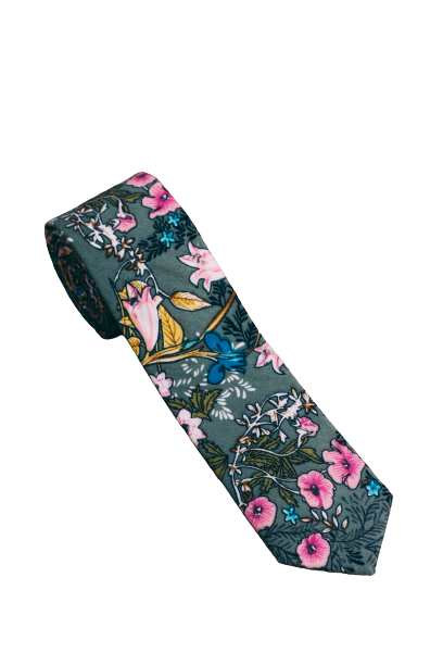 Gravata Tradicional Masculina Adulta - Verde Com Floral Em Tons De Rosa