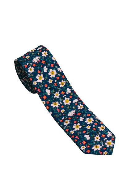 Gravata Tradicional Masculina Adulta - Floral branco De Fundo Azul