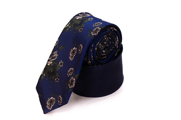 Gravata Slim Masculina Adulta - Azul Estampado Com Flores Brancas