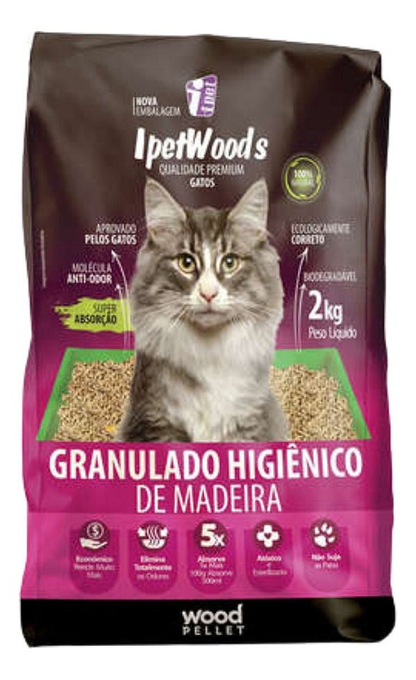 GRANULADO HIGIENICO DE MADEIRA IPET WOOD'S P GATOS 2KG