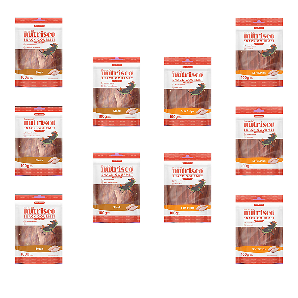 KIT 10 UN GOURMET NUTRISCO STEAK E SOFT STRIPS CÃES 100G