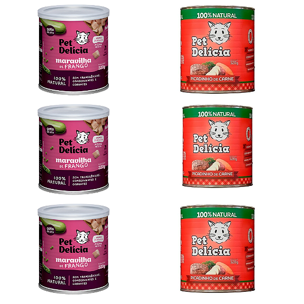 KIT 6 UN PET DELÍCIA FRANGO CARNE GATOS 320G CADA