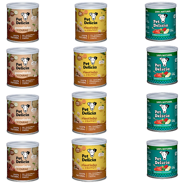 KIT 12 UN PET DELÍCIA CARNE FRANGO CORDEIRO CÃES 320G CADA