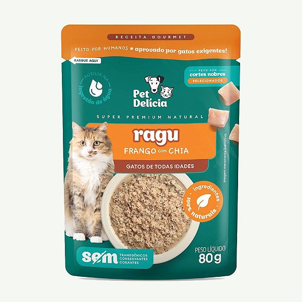 PET DELÍCIA RAÇÃO ÚMIDA RAGU FRANGO CHIA GATO 16X80G