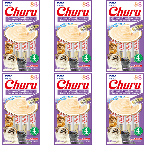 KIT 6 UN PETISCO CHURU GATOS SABOR GALINHA E CAMARAO 4 TUBOS 14G