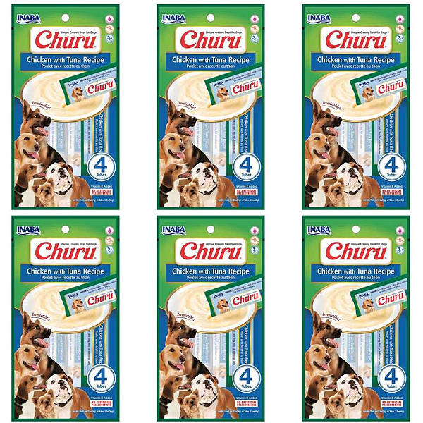 KIT 6 UN PETISCO CHURU DOG SABOR FRANGO ATUM 4 TUBOS 14G