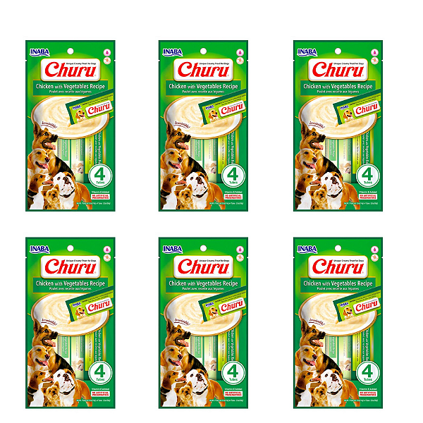 KIT 6UN PETISCO CHURU CÃES SABOR FRANGO COM VEGETAIS 4 TUBOS 14G